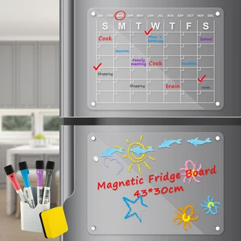 Новый Акриловый Магнитный календарь с 4 Маркерами, Держатель для ручек, Многоразовая Магнитная доска для сухого стирания, Прозрачная Акриловая доска для холодильника