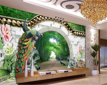 обои для домашнего декора, фантазийный 3d весенний бамбуковый лес, арки, кирпичная стена, павлин, пион, фотообои, обои Beibehang