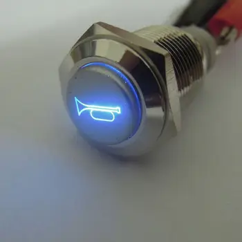 Поддержка EE 12 В 16 мм Синяя светодиодная кнопка мгновенного звукового сигнала Металлический кнопочный переключатель с подсветкой Универсальный автомобильный стайлинг