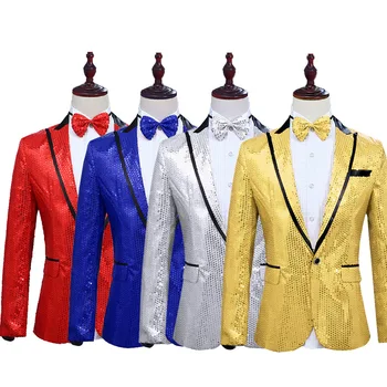 Розовые синие серебристые черные красные желтые блейзеры с пайетками на одной пуговице, мужской пиджак для ночного клуба, пальто для костюма ведущего свадебной сцены