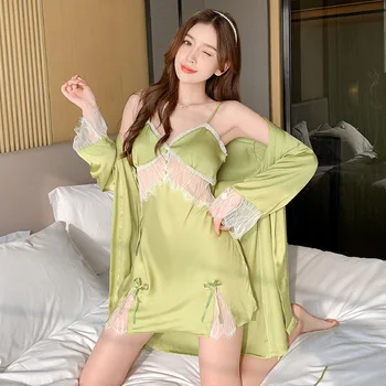 Сексуальный Зеленый кружевной халат в стиле пэчворк, пижамы в стиле Принцессы, Женские Атласные Кимоно, халат, Открытое Ночное платье, Нижнее белье