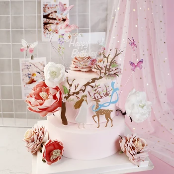 Топпер для торта с изображением девушки-оленя из джунглей, украшение с Днем рождения, Розовые топперы для кексов с цветами-бабочками, свадьба, помолвка, выпечка для вечеринок