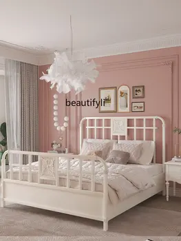 Французская кровать с резьбой по дереву в стиле ретро об американской простой кремово-белой двуспальной кровати из ясеневого дерева для брака