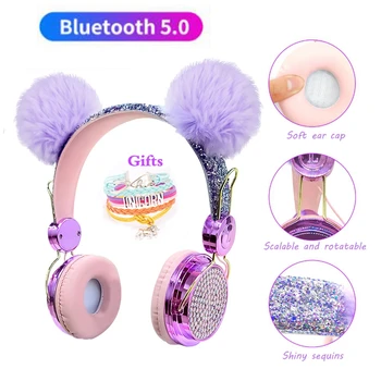 Шикарные детские беспроводные наушники Bluetooth с микрофоном, Роскошный Блестящий музыкальный шлем с комочками волос, Проводная Телефонная гарнитура в подарок