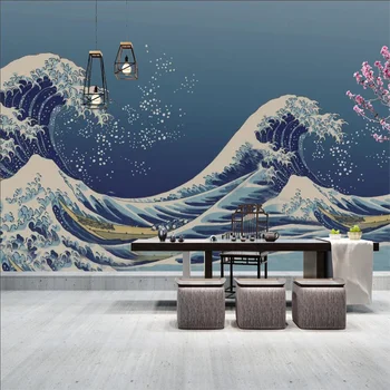 Японская волна Укие-э, синий фон, настенные обои для гостиной, спальни, суши-ресторана, промышленный декор, обои 3D