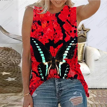 Модная женская футболка свободного кроя с 3D-принтом, повседневная женская майка без рукавов с большим летним цветком и бабочкой