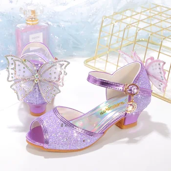 Новые сандалии для девочек, Летние детские туфли принцессы со стразами и бабочками, Модные вечерние туфли для девочек на высоком каблуке