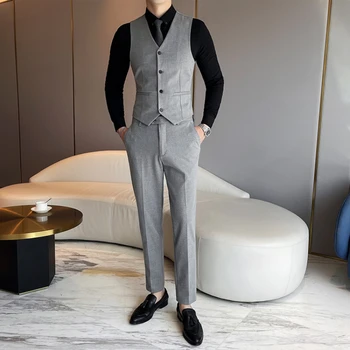 (Куртка + жилет + брюки) Мужская корейская версия, тонкий деловой официальный костюм на одной пуговице, Мужской свадебный костюм для жениха, платье для шафера