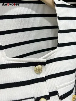 Полосатая футболка Aotvotee для женщин 2023, шикарная футболка с коротким рукавом и квадратным воротником на пуговицах, винтажный Тонкий весенний повседневный укороченный топ