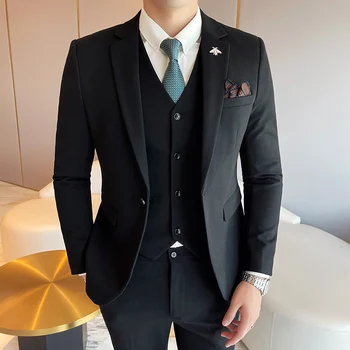 (Куртка + жилет + брюки) Мужская корейская версия, тонкий деловой официальный костюм на одной пуговице, Мужской свадебный костюм для жениха, платье для шафера