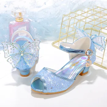 Новые сандалии для девочек, Летние детские туфли принцессы со стразами и бабочками, Модные вечерние туфли для девочек на высоком каблуке